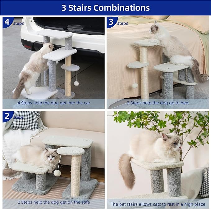 Pet Stairs for Small Dogs - Cat Scratching Post Pet Steps for High Beds and Couch,High-Strength Boards Covered in Natural Sisal Rope for Kittens Dogs Climbing Playing, 3 Combination Options