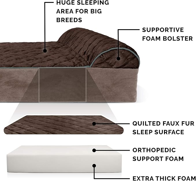 Furhaven Orthopedic Dog Bed for Extra Large Dogs w/ Bonus Water-Resistant Liner & Removable Washable Cover, For Dogs Up to 300 lbs - Goliath Quilted Faux Fur & Velvet Bolster Chaise - Espresso, 3XL