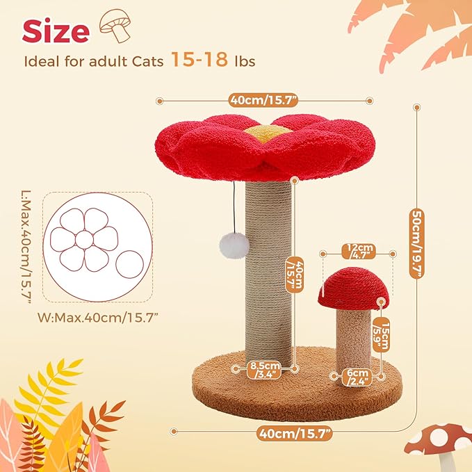 PETEPELA Flower Cat Scratching Post, Mushroom Cat Scratcher Cute with Thick Scratching Post & Removable Flower Large Cat Bed [Dia=15.7''], Tall Cat Post for Kittens and Indoor Small Cats