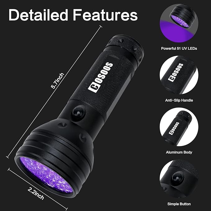 COSOOS 2 Pack UV Black Light Flashlight, 51 LED 395nm Handheld Blacklight Flashlights, Pet Urine Detector for Dog and Cat Urine, Dry Pet Stains, Bed Bug(Batteries not Included)