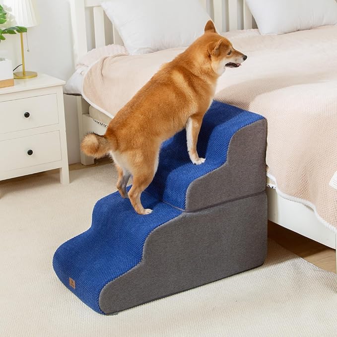 Dog Stairs Ramp for High Beds and Couch,Curved Dog Steps for Small Dogs and Cats Pet Stairs Non-Slip Balanced Portable Pet Step Indoor, 4 Steps,Navy Blue