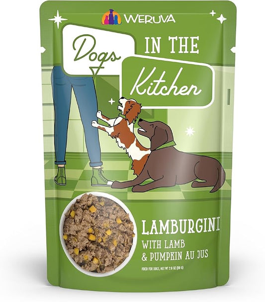 Weruva Dogs in The Kitchen, Lamburgini with Lamb & Pumpkin Au Jus Dog Food, 2.8oz Pouch (Pack of 12), Green