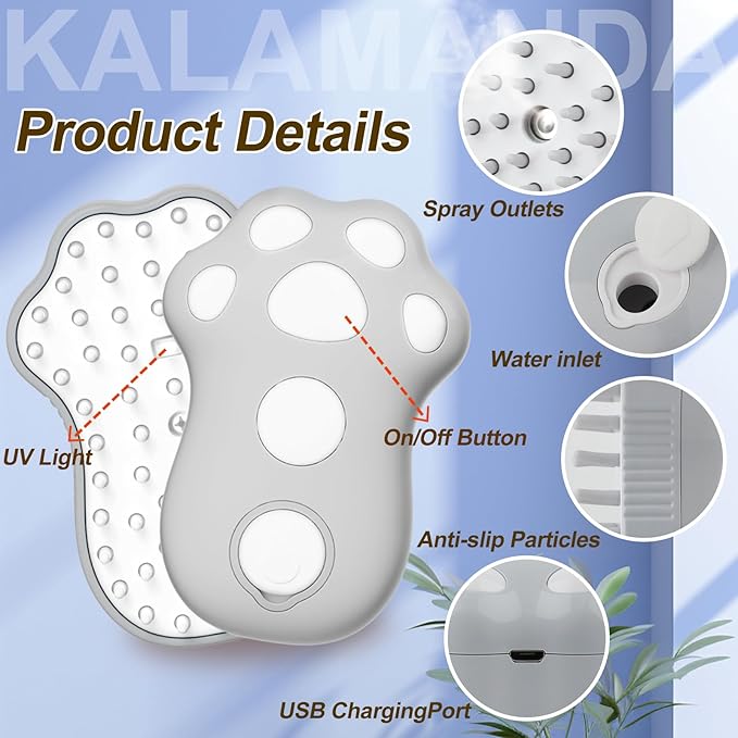 Cat Steam Brush for Shedding, 4 in 1 Steamy Cat Brush with Cleanser, Dog Massage Grooming Brush with Release Button, Pet Hair Cleaning Misting Comb for Kitten(Grey Paw)