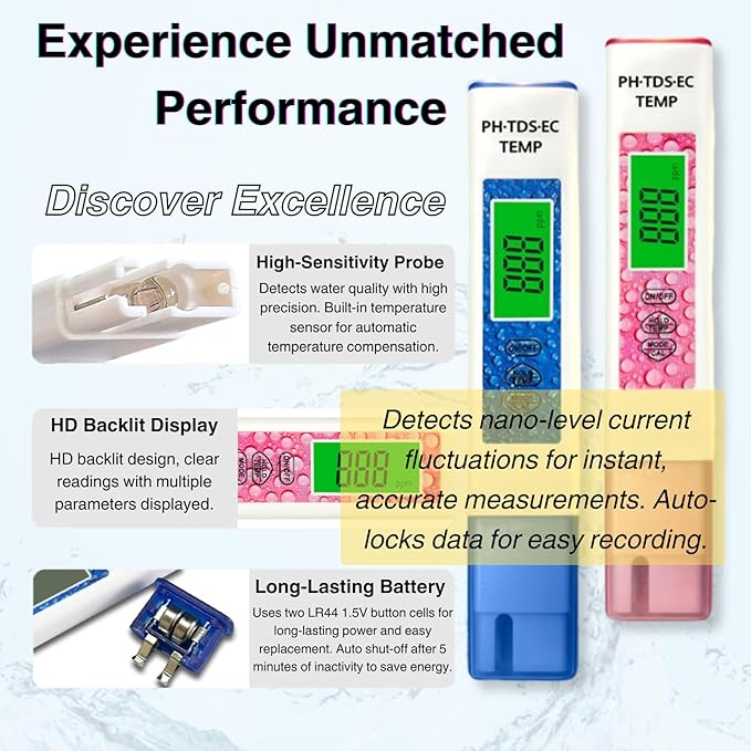 4-in-1 Water Quality Tester - Advanced TDS, PH, Temp, EC Meter - High-Precision Chip & Algorithm for Fast & Accurate Measurements - Ideal for Drinking, Tap, Well, Pool, Aquarium, RO/DI, Hydroponics