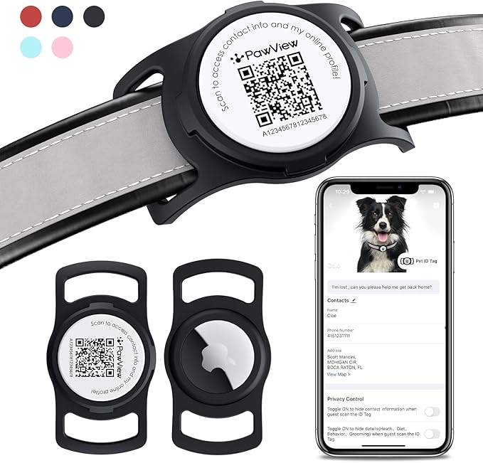 AirTag Dog Collar Holder, Smart QR Code AirTag Holder for Cats and Dogs - Scan Alert | Instant Location | Pet Online Profile | Contacts Info | Pet APP Remote Control (1 Pack, Black)