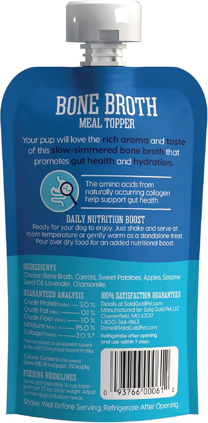 Solid Gold Chicken Bone Broth for Dogs - Grain Free Dog Food Topper Rich in Collagen and Superfoods - Nutrient Dense Dog Gravy Topper for Dry Food - Promotes Gut Health and Hydration - 12 Pack