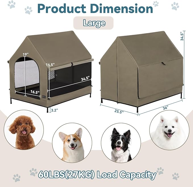 Petsfit 36 Inch Elevated Pet Dog House, Portable Large Dog House with Removable Cover for Indoor and Outdoor, Waterproof Raised Dog Houses for Large Dogs Outside, Featuring Elevated Dog Bed, Brown