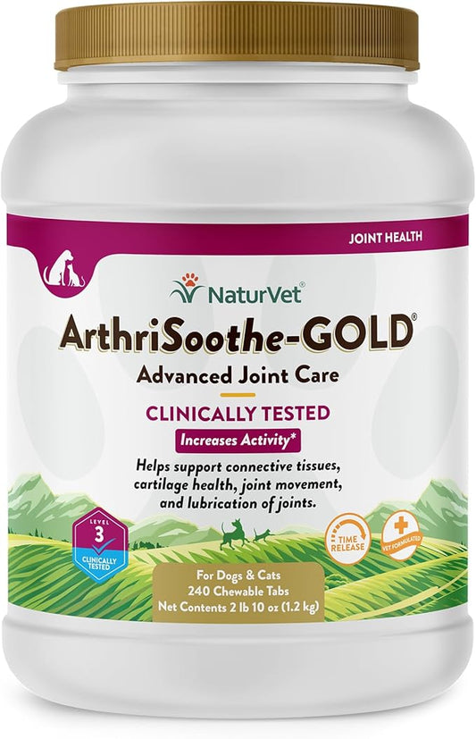 NaturVet Clinically Tested ArthriSoothe-Gold Level 3 Advanced Joint Care for Dogs and Cats, 240 ct Time Release, ChewableTablets, Made in USA