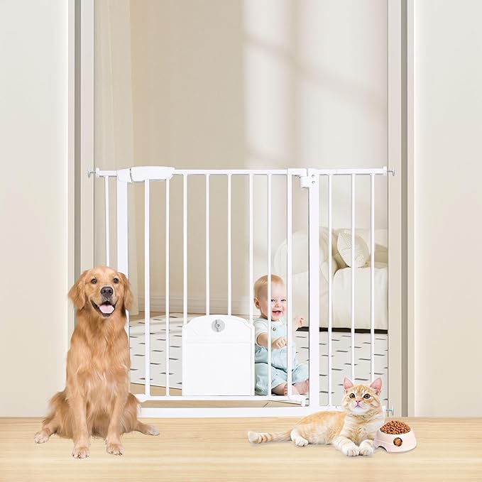 Extra Tall Baby Gate with Cat Door, 36.5-40.5" Wide Child Gate with Adjustment Pet Door, Pressure Borehole Double Mounting, Suitable for Stairs, Doorway, House, Kitchen (39" Tall, White)