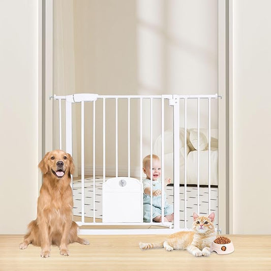 Extra Tall Baby Gate with Cat Door, 36.5-40.5" Wide Child Gate with Adjustment Pet Door, Pressure Borehole Double Mounting, Suitable for Stairs, Doorway, House, Kitchen (39" Tall, White)