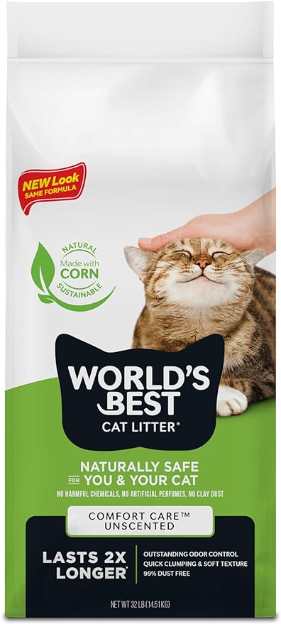 WORLD'S BEST CAT LITTER Comfort Care Unscented, 32-Pounds - Natural Ingredients, Quick Clumping, Flushable, 99% Dust Free & Made in USA - Long-Lasting Odor Control & Easy Scooping packaging may vary