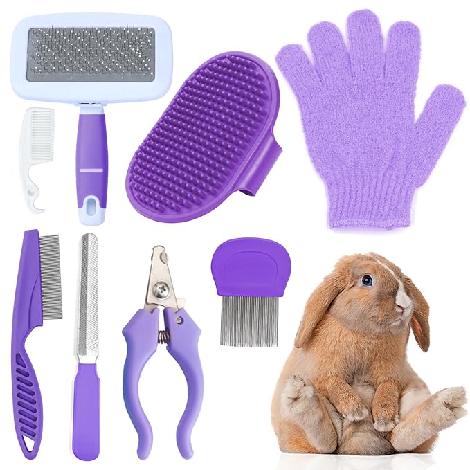 8 Pcs Small Animal Pink Grooming Kit, Rabbit Grooming Kit with Pet Nail Clipper and File, Flea Comb, Pet Shampoo Bath Brush , Pet Shedding Slicker Brush, Bath Massage Glove, Cleaning Comb