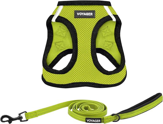 Voyager Step-in Air All Weather Mesh Harness and Reflective Dog 5 ft Leash Combo with Neoprene Handle, for Small, Medium and Large Breed Puppies by Best Pet Supplies - Lime/Black Trim, X-Small