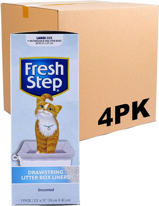 Fresh Step Drawstring Cat Litter Box Liners, Unscented, Size Large, 30" x 17" | Kitty Litter Bags - 7 Count - 4 Pack, Cat Litter Liners for All Cats to Keep Your Home Clean