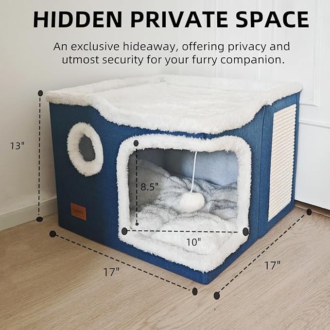 Large Cat Cave Bed for Indoor Cats, Cats Cube House with Scratch Pad Cat Condo Hideaway Tente Hut with Washable Sherpa Warm Soft Cat Mat, Cute Cat Beds Furniture, Modern Dog Bed,Navy