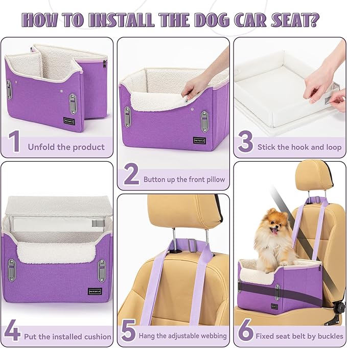 PETSFIT Small Dog Car Seat, Puppy Portable Dog Booster seat for Car with Clip-On Leash, Adjustable Straps Suitable for Small Pets Up to 25lbs (Purple)