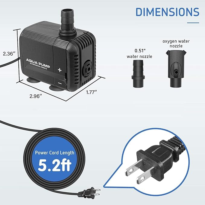 Simple Deluxe 210GPH 8W Water Table Pump (800L/H), Pond Pump with 2 Nozzles, Perfect for Fish Tank, Pond, Aquarium, Statuary, Hydroponics, Black