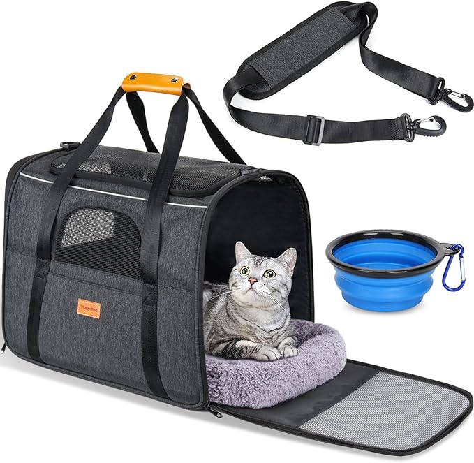 Morpilot Cat Carrier - Soft Sided Cat Carrier Large for Big Medium Cats and Puppy up to 15lbs, Pet Carrier with Safety Zippers, Foldable Bowl, Airline Approved Large Cat Carrier - Dark Gray