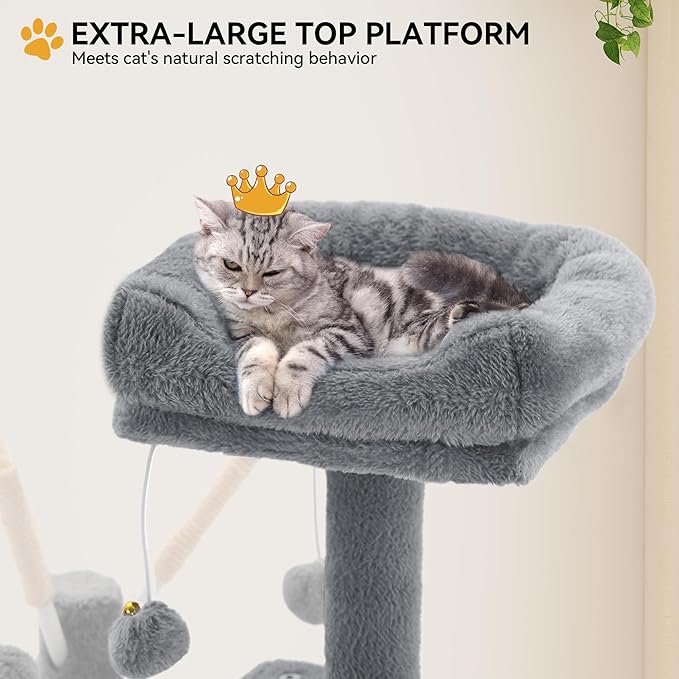 YITAHOME 44in Cat Tree Tower for Indoor Cats, Multi-Level Cat Furniture with Scratching Posts, Cat Window Padded Plush Perch, Cozy Hammock, Funny Pompoms for Kittens Pet Play House, Light Gray