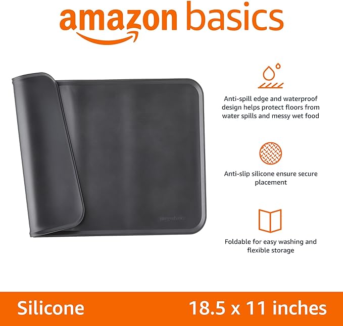 Amazon Basics Waterproof Anti-Slip Silicone Pet Food and Water Bowl Mat, Solid, 18.5 x 11.5 Inches, Black