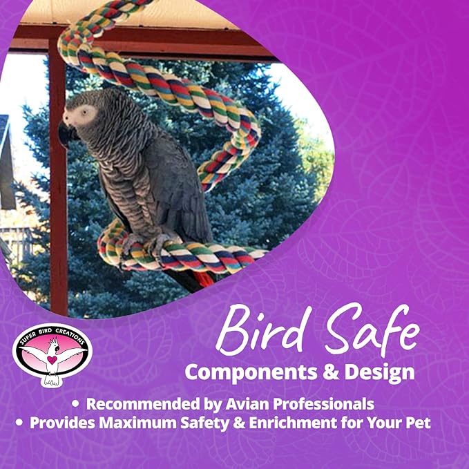 Super Bird Creations - SB326 Large to XL Bungee Bird Toy - Rope Perch for Amazons, African Greys, Cockatoos, Macaw - Colorful Hanging Perch - Enriching Bungee Toy for Large/XL Birds & in Bird Cages