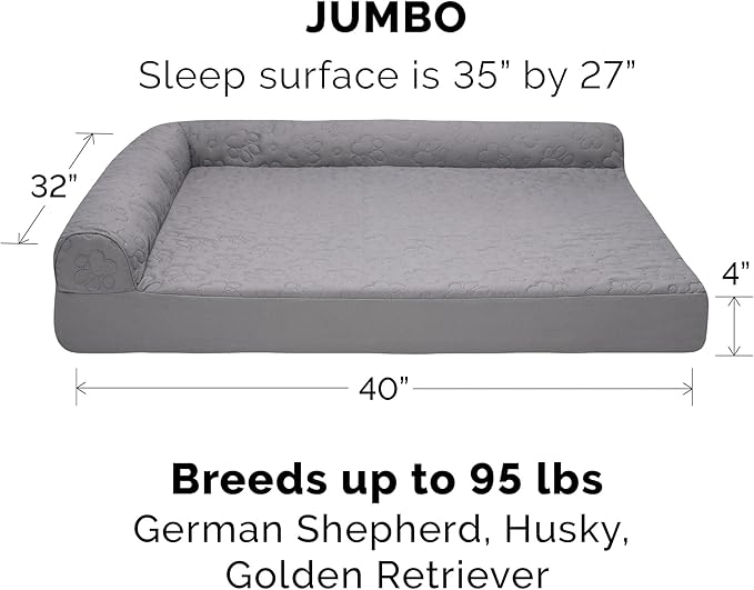 Furhaven Memory Foam Dog Bed for Large Dogs w/ Removable Bolsters & Washable Cover, For Dogs Up to 95 lbs - Pinsonic Quilted Paw L Shaped Chaise - Titanium, Jumbo/XL