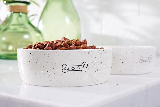 Pearhead Woof Pet Bowl, Dog Water and Food Dish, Pet Owner Dog Accessory, Ceramic, White, Microwave and Dishwasher Safe, Holds 3 Cups, 24 oz