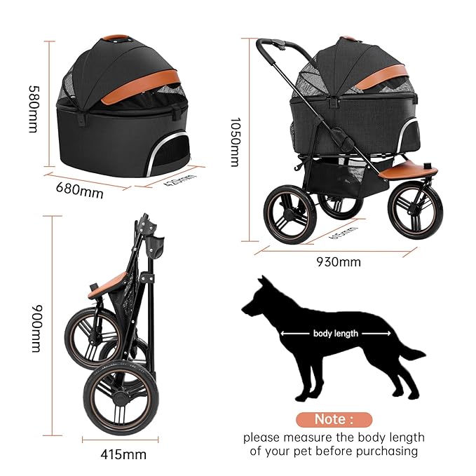 Dog Stroller for Medium Small Dogs, 3in1 Pet Stroller Zipperless Dog Cat Jogger Stroller 3 Wheels with Detachable Dog Carriage, Storage Basket and One-Button Folding Frame for Pets Walk-Black