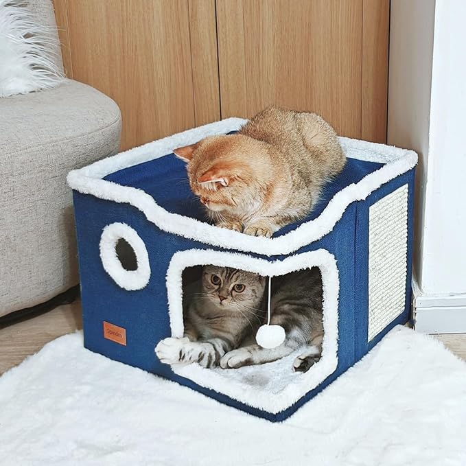 Large Cat Cave Bed for Indoor Cats, Cats Cube House with Scratch Pad Cat Condo Hideaway Tente Hut with Washable Sherpa Warm Soft Cat Mat, Cute Cat Beds Furniture, Modern Dog Bed,Navy