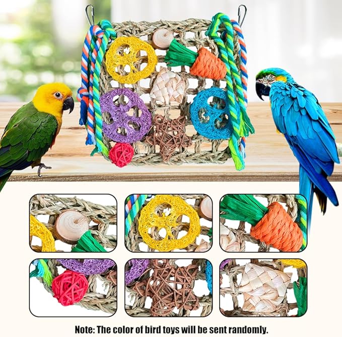 Parrot Toys, Bird Foraging Toys for Parakeets, Woven Climbing Hammock with Colorful Chewing Toys Seagrass Mat for Lovebirds, Parakeets, Budgerigars, Conure, Cockatiel