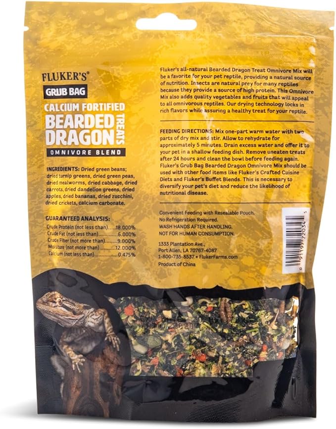 Fluker's Grub Bag Calcium Fortified Treats, All Natural Omnivore Blend Packed with Protein, Fruits, and Vegetables, for Bearded Dragons and Reptiles, 4 oz