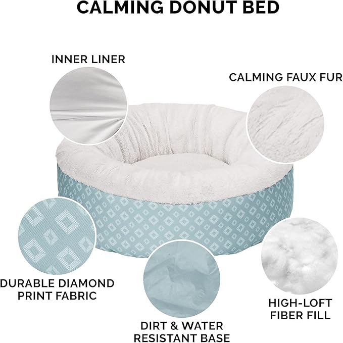 Furhaven 30" Round Donut Dog Bed for Medium/Small Dogs, Refillable w/ Removable Washable Cover, For Dogs Up to 45 lbs - Plush & Diamond Print Donut Bed - Aqua, Medium