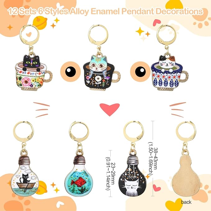 KitBeads 12 Sets 6 Styles Enamel Cat Stitch Markers Colorful Kitten Fish Charms Cute Cup Animal Stitch Marker Charms for Jewelry Making Bulk