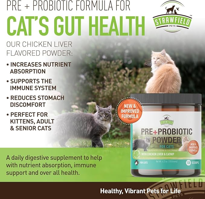 Strawfield Pets' Pre + Probiotic Powder for Cats with Catnip Probiotic for Cats Diarrhea Relief Supplement Natural Chicken Liver Flavor 120 grams / 120 Scoops