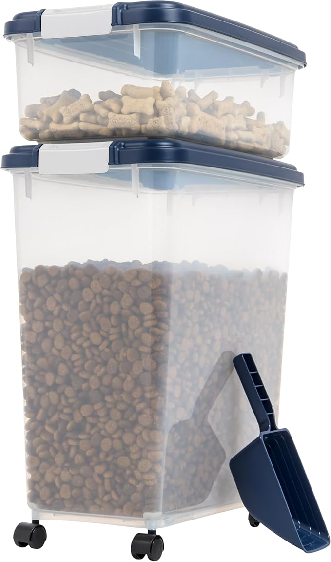 IRIS USA 40 lbs & 14 lbs Combo Airtight Dog Food Storage Container, Stackable Treat Box, 2-Cup Scoop, Wheels, Keep Fresh, Easy Mobility, Navy