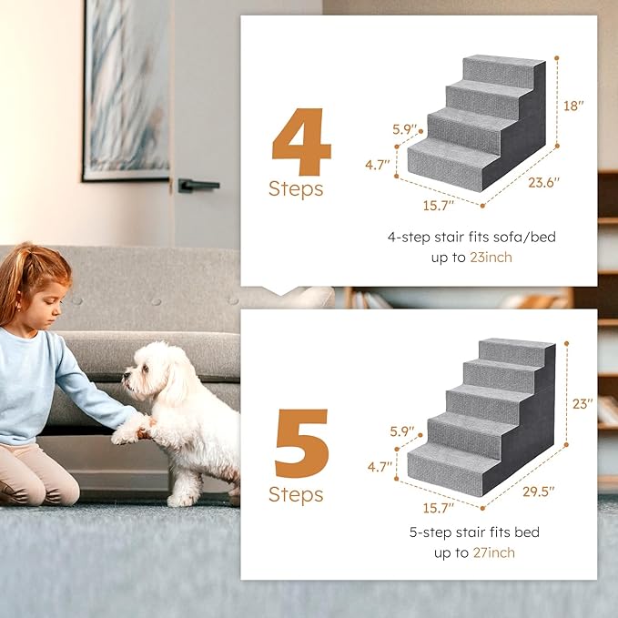 Heeyoo Dog Stairs for Small Dogs,5-Step Dog Steps for High Bed and Couch, High-Density Foam Pet Steps with Supporting Board, Non-Slip Removable Washable Cover, Grey, 23" High