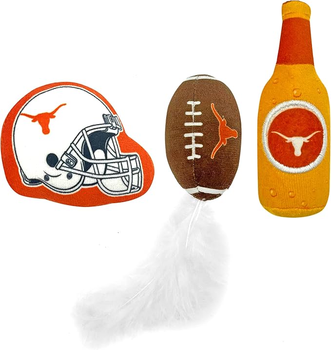 BEST PLUSH CAT TOY - NCAA TEXAS LONGHORNS Complete Set of 3 piece Cat Toys filled with Fresh Catnip. Includes: 1 Helmet Cat Toy, 1 Football Cat Toy with Feathers & 1 Beer Bottle. Beautiful Team LOGOS