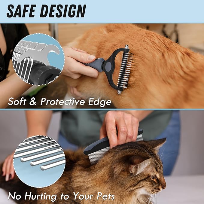 Pet Grooming Brush and Metal Comb Combo, Cat Brush Dog Brush for Shedding, Undercoat Rake for Dogs Grooming, Dematting Deshedding Brush Dogs Shedding Tool for Long matted Haired Pets, Gray