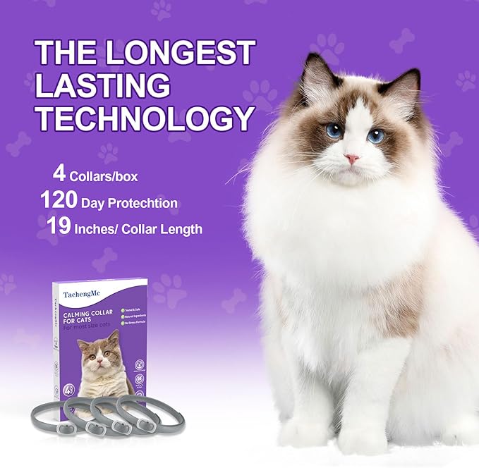 Calming Collar for Cats, 4 Pack Cat Calming Collar, Effective Relief Ancxiety Stress Cat Pheromone Collar, Water-Resistant & Adjustable Cat Calming Collar Fits Cats, Grey