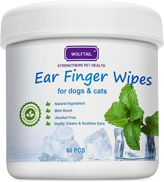 Dog Ear Wipes for Dogs & Cats, Pet Ear Cleaner Wipes - Gently Remove Ear Wax, Debris - Sooths & Deodorizes - Relieve Ear Itching & Inflammation, Mint Scent - All Natural - 60 Count