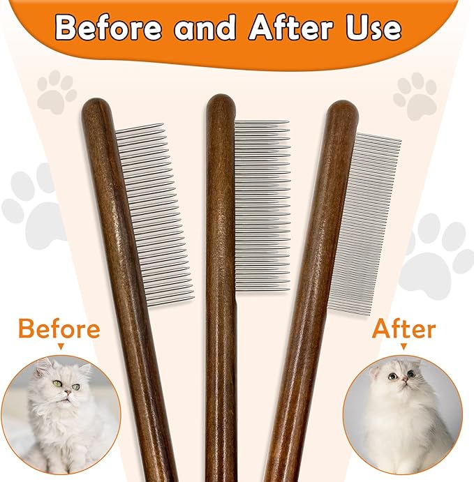 3 Pack Solid Wood Cat Combs,Flea Lice Comb with Rounded Stainless Steel Teeth for Cat Dog Rabbit Massage Removes Mats, Tangles and Loose Fur,Grooming Comb for Cat/Dog/Small Medium Pets