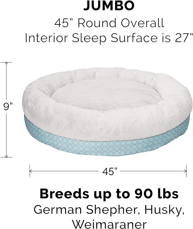 Furhaven 45" Round Donut Dog Bed for Large Dogs, Refillable w/ Removable Washable Cover, For Dogs Up to 90 lbs - Plush & Diamond Print Donut Bed - Aqua, Jumbo/XL