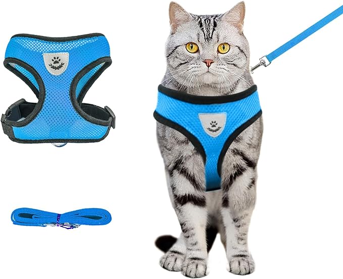 Cat Harness and Leash, Adjustable Soft Mesh, Anti-Escape, Reflective Design, Size M, Sky Blue