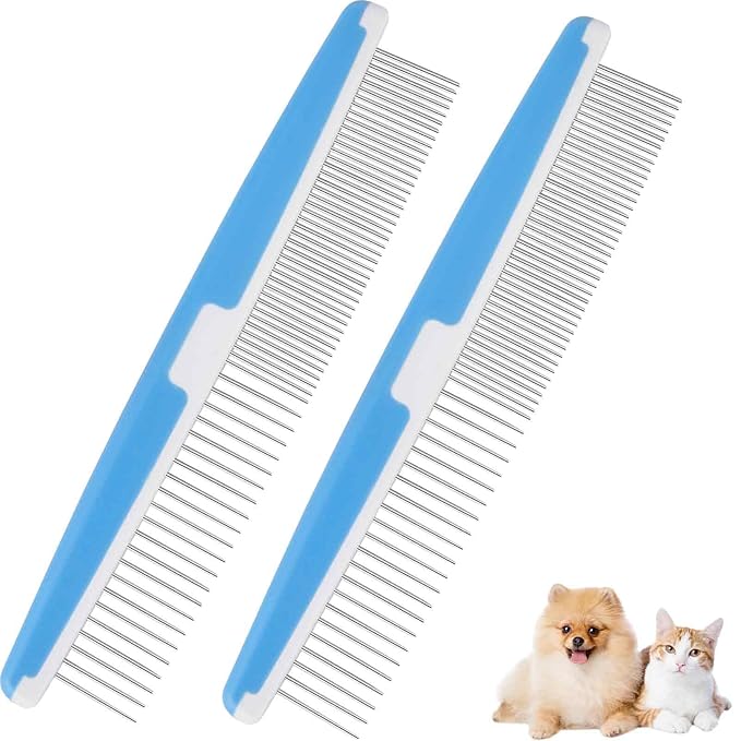 2 Pack Dog Combs, 2-in-1 Stainless Steel Cat Grooming Comb with Rounded Teeth, Professional Pet Dematting Tool, Prevents Knots and Mats for Small, Medium & Large Pets with Long & Short