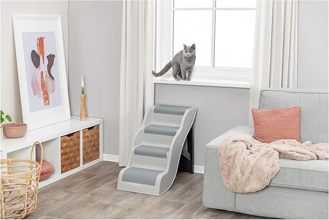 TRIXIE 4 Step Pet Stairs, Lightweight and Collapsible, Easy to Store, Non-Slip Treads, Ideal for Dogs and Cats, Gray