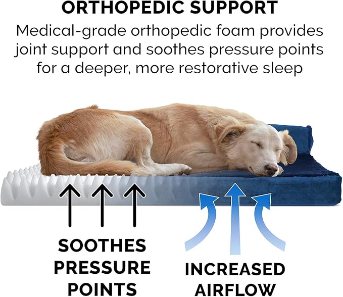 Furhaven Orthopedic Dog Bed for Large Dogs w/ Removable Bolsters & Washable Cover, For Dogs Up to 95 lbs - Plush & Velvet L Shaped Chaise - Deep Sapphire, Jumbo/XL