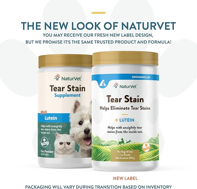 NaturVet – Tear Stain Plus Lutein | Eliminates Unsightly Tear Stains | Enhanced with Cranberry Extract, Calcium Ascorbate & Oregon Grape Root | for Dogs & Cats | 200 Gram Powder