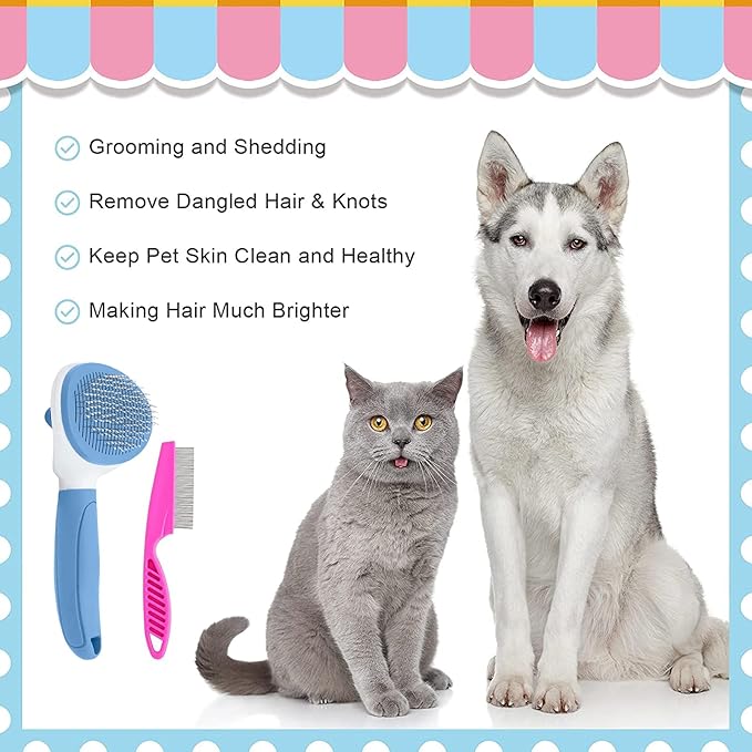 Cat Brushes for Indoor Cats, Dog Brush for Shedding with Metal Cat Comb, Self Cleaning Pet Hair Brush with Release Button for Grooming Kitten(Blue)