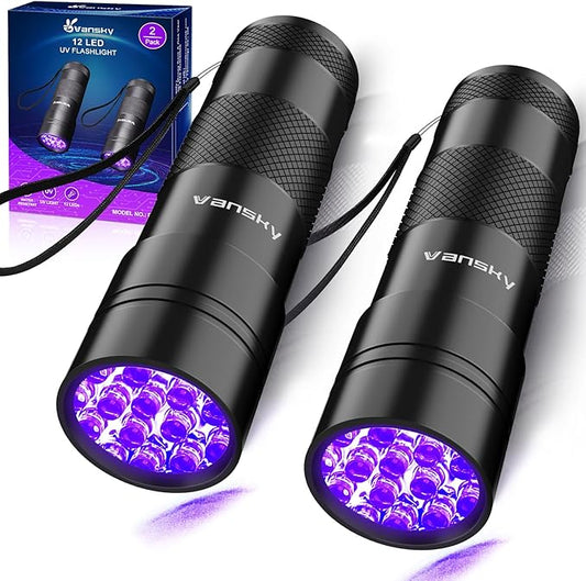 Black Light UV Light Flashlight: Vansky 395nm 12 LED 2 Pack Ultraviolet Blacklight Flashlight Mini Powerful Pet Urine Detector for Dog/Cat, Carpet Dry Stains Detection, Spot Scorpions, Resin Curing