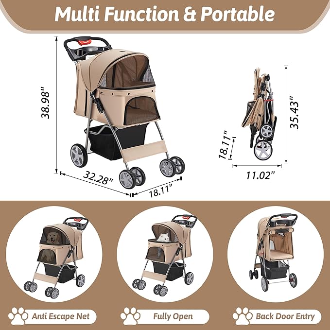 Pet Stroller 4 Wheels Dog Cat Stroller for Medium Small Dogs Cats, Folding Cat Jogger Stroller with Storage Basket & Breathable Mesh, Easy to Walk Travel Carrier, Khaki